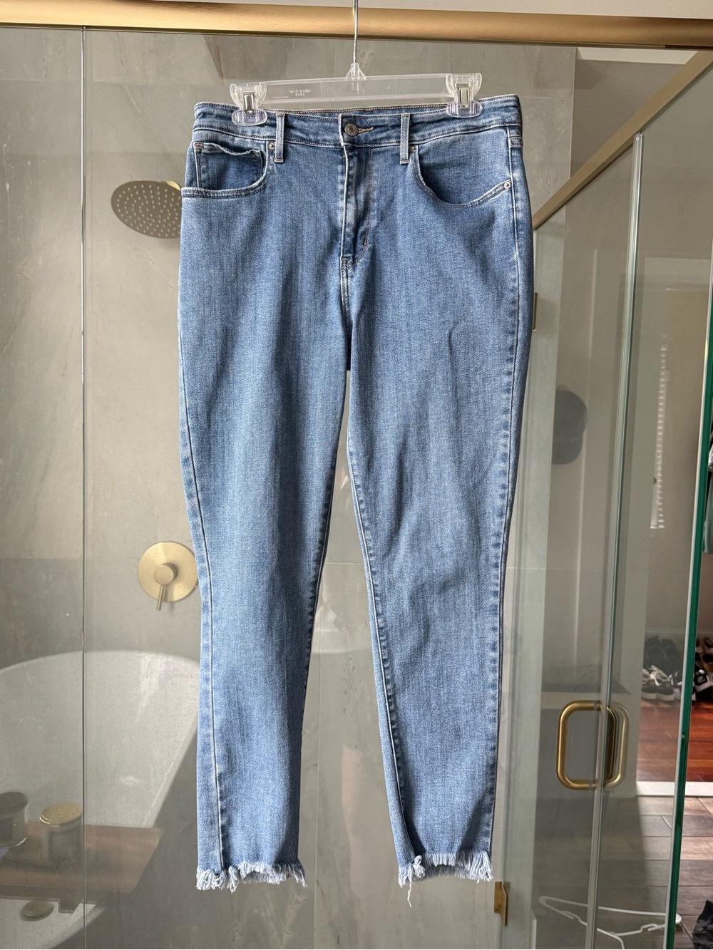 H59 Levis 721 High Rise Skinny Stretch Denim Jeans Raw Hem Womens 31